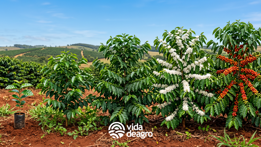 Plantas de café conilon em diferentes fases do seu ciclo